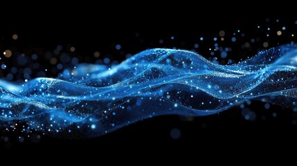 Sparkling blue waves flow through the background in an abstract design, creating a sense of movement and dynamism with elegant, fluid motion