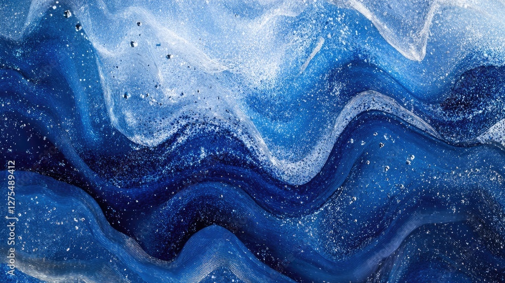 Poster Sparkling blue waves flow through the background in an abstract design, creating a sense of movement and dynamism with elegant, fluid motion