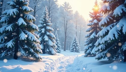 Naklejka premium Softly falling snowflakes create a serene winter atmosphere, snow covered trees, winter wonderland, cold climate