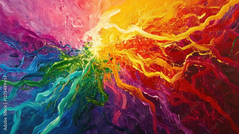 Poster Streams of vibrant light weaving together, creating an energetic and colorful representation of teamwork and collaboration