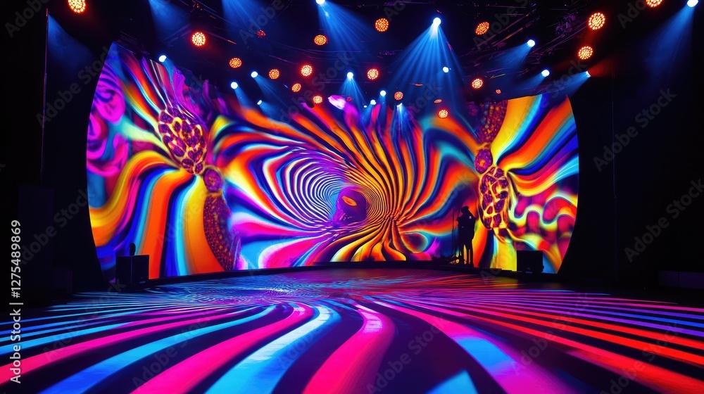 Poster swirling, vibrant patterns and illuminated light bulbs create a high-energy stage backdrop with brig