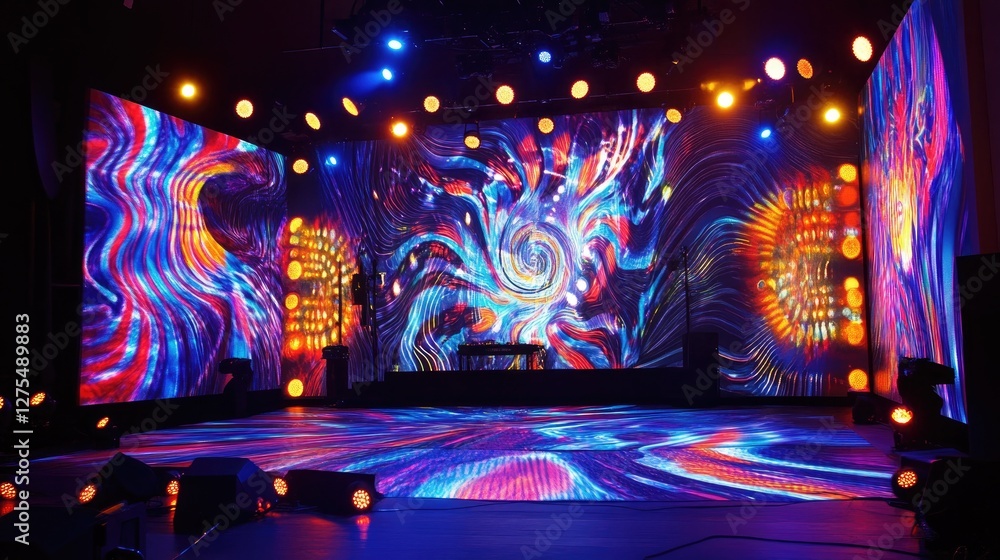 Poster swirling, vibrant patterns and illuminated light bulbs create a high-energy stage backdrop with brig
