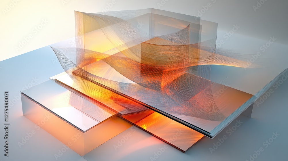 Poster Transparent geometric shapes with glowing edges create a dynamic layered 3D abstract design, evoking a modern, futuristic aesthetic