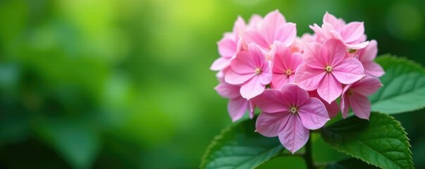 Obraz premium Soft pink Hydrangea blossoms with a prominent heart shape against a lush green background featuring subtle foliage, blossom, flowers