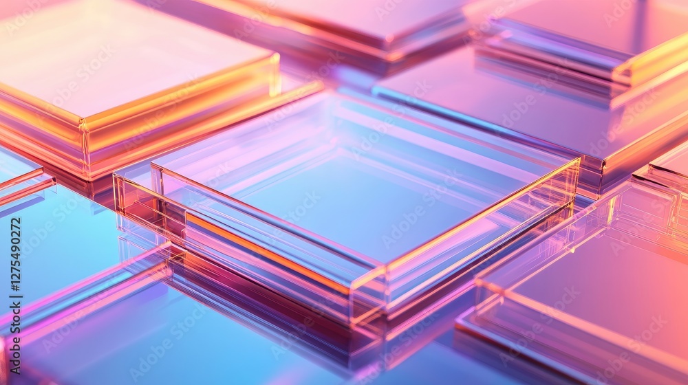 Poster transparent shapes with glowing edges create a layered 3d abstract background, exuding a futuristic 