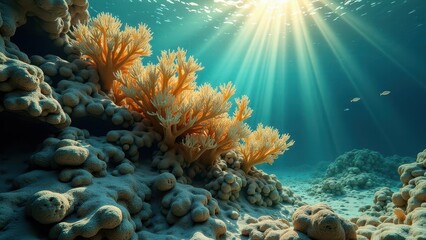 Naklejka premium Sunlight shining through water onto underwater coral reef affected by bleaching 