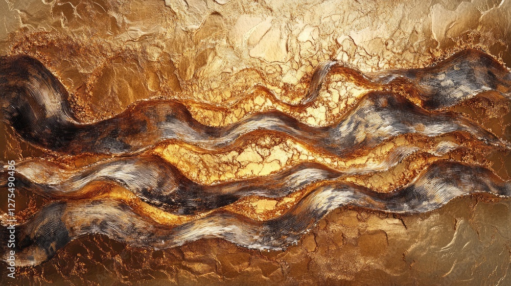 Poster Undulating golden liquid waves in 3D, creating a rich, metallic texture with a gleaming surface that forms an abstract and captivating art piece