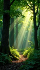 Fototapeta premium Sunbeams pierce through leafy gaps in the forest, dappled shade, tree bark