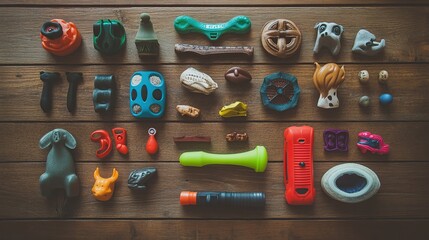 Colorful pet toys arranged on wooden background