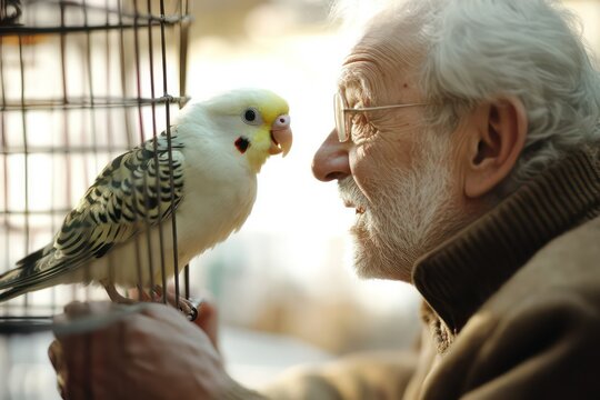 An elderly man conversing with his pet budgerigar, offering a playful tone as the bird listens attentively from its cage.