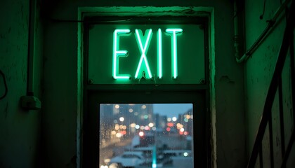 Obraz premium Glowing green neon exit sign above rain-streaked window - urban escape