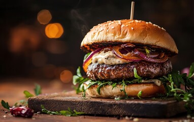 Hovering gourmet wagyu burger with truffle aioli and caramelized onions, vibrant background
