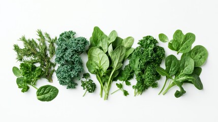 Fototapeta premium Fresh Isolated Greens Featuring Kale and Spinach on White Background
