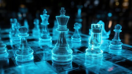 Futuristic Chessboard with Neon Blue 3D Digital Chess Pieces