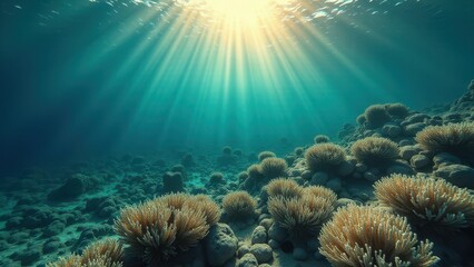 Fototapeta premium Sunlight shining through water onto underwater coral reef affected by bleaching 