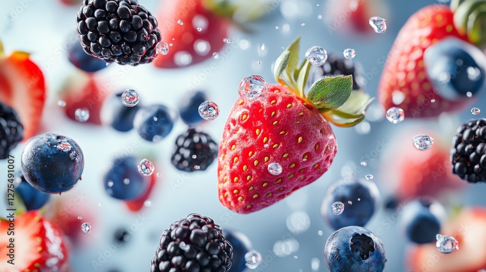 Poster dynamic swirl of floating berries with water droplets