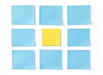 Fototapeta premium Minimalist composition of ten light blue sticky notes arranged neatly on a clean white background.