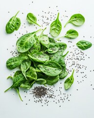 Obraz premium Fresh Spinach Leaves and Chia Seeds Flatlay on White Background