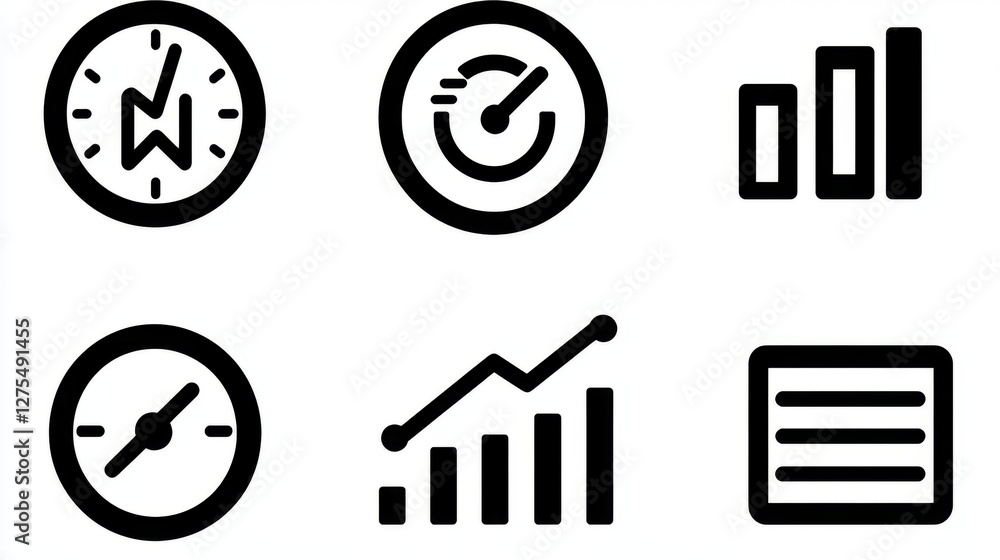 Poster the image features a collection of six black icons representing speed, growth, data visualization, a