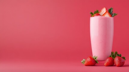 Refreshing Strawberry Smoothie in Tall Glass with Fresh Strawberries on Pink Background