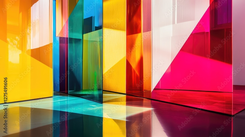 Poster vibrant geometric shapes and angular reflections, forming a modern abstract background with bold, co