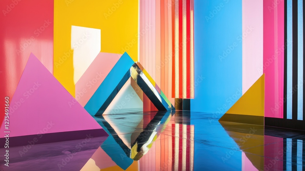 Poster Vibrant geometric shapes and angular reflections, forming a modern abstract background with bold, colorful elements and strong visual contrast