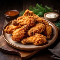 A plate of crispy, golden-brown fried chicken with a crunchy, seasoned coating, served hot and fresh, highlighting the juicy and tender meat inside