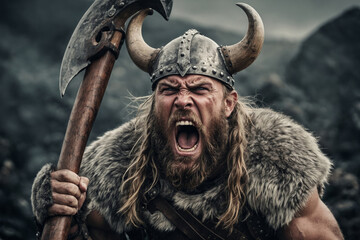 A fierce viking warrior screams with rage, brandishing his axe and wearing a horned helmet.