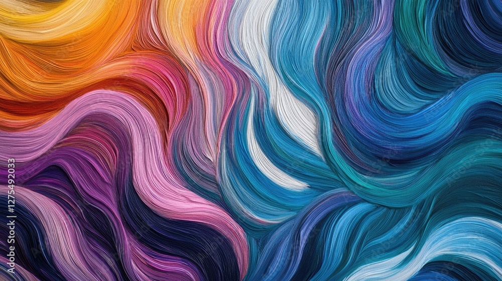 Poster Vibrant multicolor gradient brushstrokes merge seamlessly to form an abstract, wavy texture, creating a colorful and dynamic background