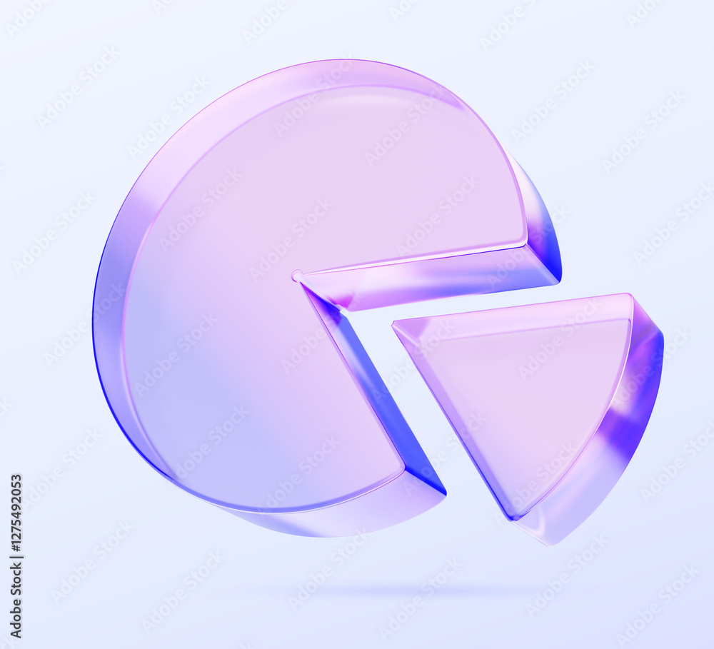 Poster 3d glass morphism holographic pie chart render icon. Crystal light gradient pie graph for business presentation of analytics data. Circle diagram for percent budget analysis, finance. 3D illustration