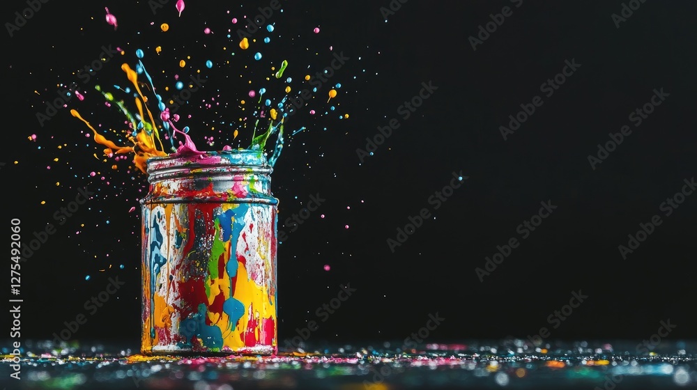 Poster Vibrant paint splatters in dynamic colors bursting from a small can, creating an energetic and creative visual on a black background