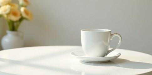 Fototapeta premium White and gold accents adorn a simple white table holding an empty white mug, elegance, simplicity, white