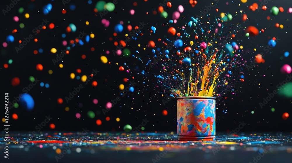 Poster Vibrant paint splatters in dynamic colors bursting from a small can, creating an energetic and creative visual on a black background