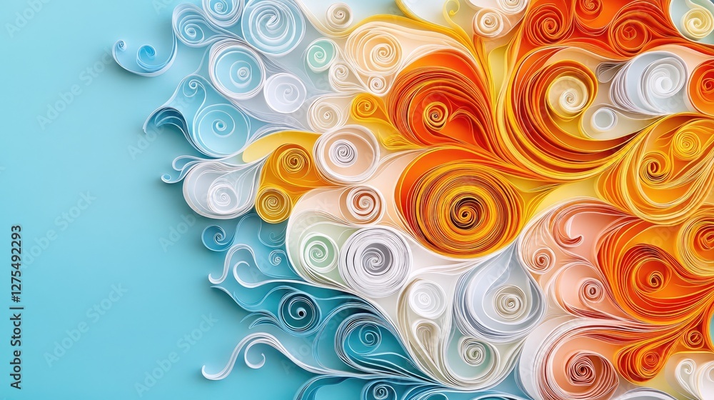 Poster vibrant paper quilling waves in orange, yellow, and white spirals on a soft blue background, creatin