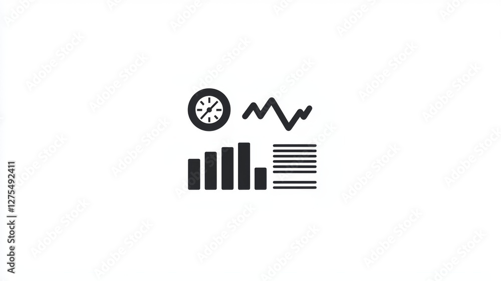 Poster a minimalist graphic depicting a clock, a line graph, bar charts, and document icons, representing t