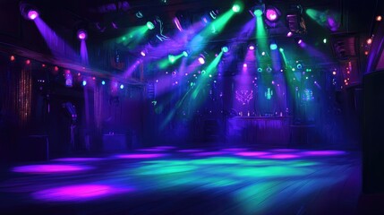 Vivid green, blue, and violet spotlights illuminating a nightclub dance floor, adding energy and excitement to the night scene