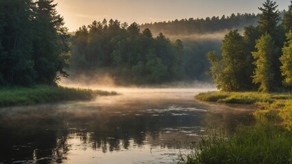 Fototapeta premium Early morning sunlight illuminates the misty river and rolling hills covered with forest.