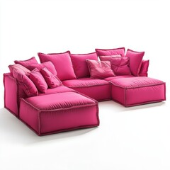 Bold pink modular sectional sofa with deep cushions isolated on white