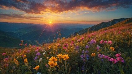 Fototapeta premium A vibrant meadow with colorful wildflowers on a hillside offers a breathtaking mountain sunset vista.