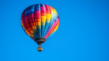 Naklejka premium Brightly colored hot air balloon soaring in the clear blue sky, adventure, travel, outdoors