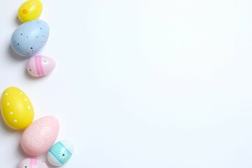 Happy Easter. Colorful eggs on a white background, space for text or advertising