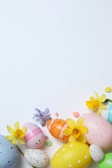 Happy Easter. Colorful eggs and yellow flowers on white background, space for text or advertising