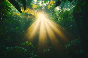 Sunbeams in lush rainforest