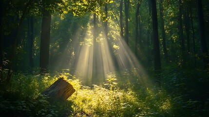 Sunbeams in misty forest