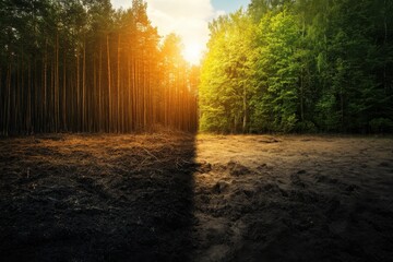 Naklejka premium Transition of Nature: Contrast Between Sombre Land and Vibrant Forest