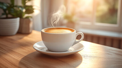 Hot espresso with rich crema served in a white cup on a wooden table.