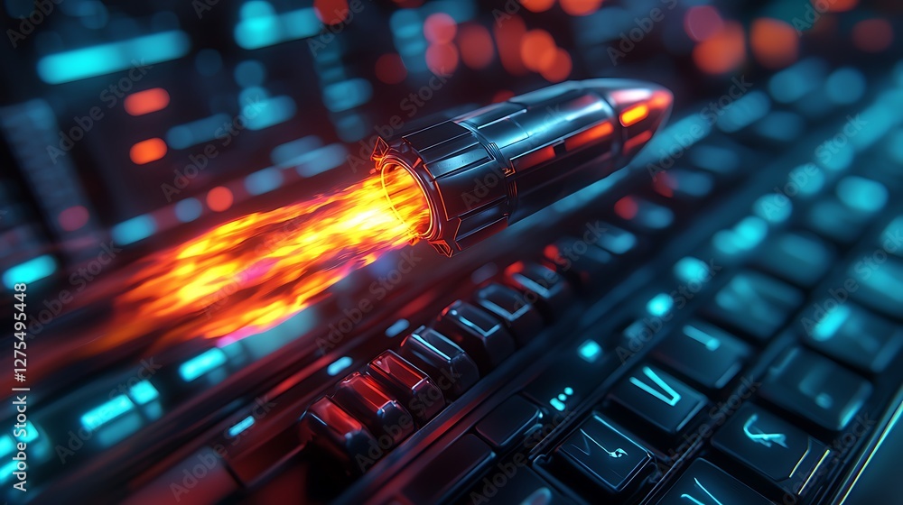 Poster Bullet firing from keyboard, representing online attack, blurred tech background, for cyber security concept