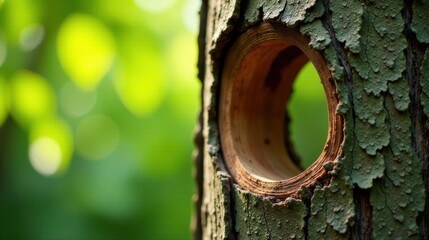 A sunlit circular opening in a tree trunk, surrounded by textured bark and a blurred verdant background