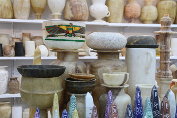 Egyptian alabaster vases and pots as souvenirs in Luxor, Egypt