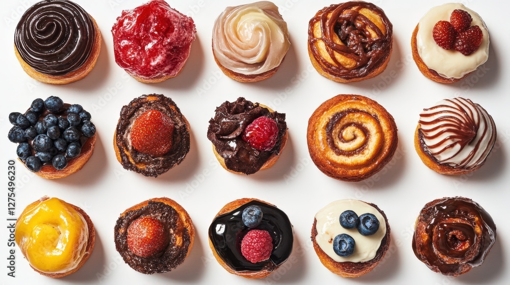 Poster Assorted colorful donuts with various toppings arranged neatly on a white background (1)